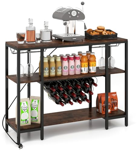 GIANTEX Portabottiglie per 15 bottiglie, portabottiglie a 3 livelli con supporto in vetro, tavolo da vino con 2 porte USB e 2 prese, armadietto per vino industriale in legno e metallo, 113 x 35 x 85