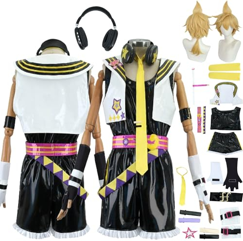 bbganlian Muse Dash Miku Len Rin Cosplay Kostüm Outfit Spiel Charakter Uniform Komplettes Set Halloween Party Dress Up Anzug mit Perücke Kopfschmuck Kopfhörer für Männer Jungen (S)