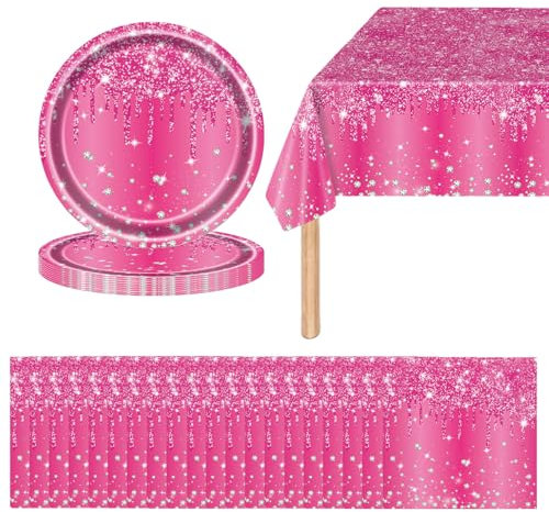 41Pcs Hot Pink Tableware Shiny Glitter Diamond Party Plates,Hot Pink Paper Plates and Napkins Pink Tablecloth,Pink Sparkling Dinnerware for Her Birthday,Wedding,Baby Shower Party Pink Tableware Set
