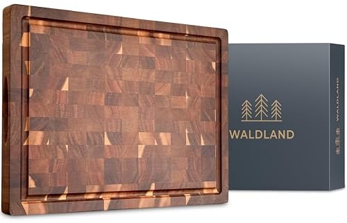 WALDLAND Planche à découper en bois de qualité supérieure - 40 x 30 x 3 cm - En bois d'acacia robuste - Planche à découper épaisse avec rainure à jus - Bois de cerveau