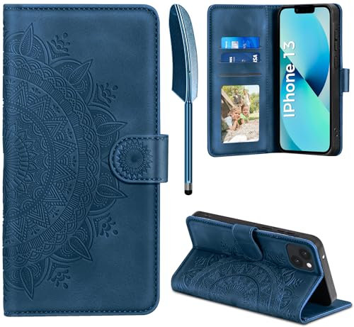 EASDNB Lederhülle für iPhone 13 Hülle, Handyhülle für iPhone 13 Flip Wallet PU Leder Case [Kartenfach] [Magnet] [Ständer] Prägung Klapphülle Schutzhülle für iPhone 13 6.1 Zoll, Dunkelblau