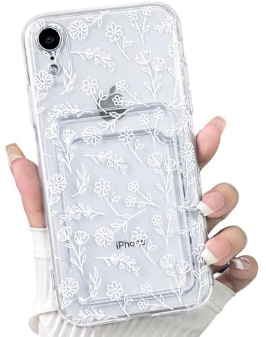 NITITOP Compatible with iPhone XR Case Clear with Card Holder Cute Flower Floral Leave Pattern for Women Girl Soft TPU Shock-absorbing Wallet Case Protective Phone Cover - White