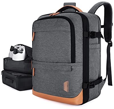 bagsmart Handgepäck Rucksack 40L Supergroß Erweiterbar Reiserucksack Laptop Rucksack für 17 Zoll mit Packtasche und Schuhsack Grau
