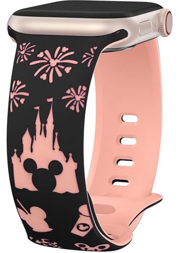 BEEXI Cartoon Engraved Compatible with Apple Watch Straps 38mm 40mm 41mm 42mm Women, Two-Tone Silicone Cute Sport Bands for iWatch Series 10 9 8 7 6 5 4 3 2 1 SE, Black & Peach