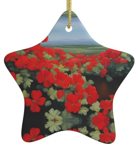 WHJYYXDE Colgante de cerámica de calidad para Navidad, adorno colgante festivo para el hogar, 7,8 x 7,8 cm, geranio rojo, patrón de plantas en maceta