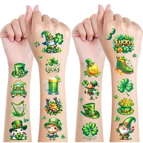 St Patricks Day Glitzer Tattoo Set Kinder, 12 Blätter St. Patricks Day Temporäre Glitzer Tattoo Kinder, St Patricks Day Deko Accessoires, St Patricks Day Kostüm Zubehör Party Deko
