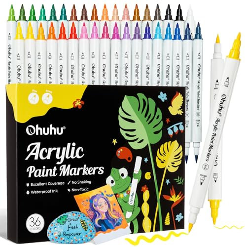 Ohuhu Acrylstifte, 36 Farben Acrylic Marker mit feiner und Pinselspitze(Doppelspitze) - Wasserfest, Lichtechte, hoher Deckkraft Acrylstifte Set für Steine Bemalen Ostereier Holz Glas Keramik Leinwand