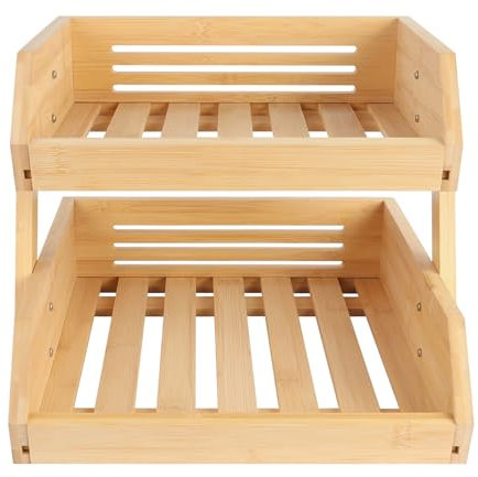 HUOLE Support à Panier de Fruits Rangement en Bois pour Les légumes pour Plan de Travail de Cuisine pour Fruits, Support de Corbeille à Fruits en Bois à 2 étages, Légumes, Pain, collations