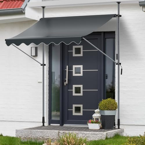 Store Banne Manuel Rétractable，Store pour Balcon sans Trous à percer avec manivelle，Auvent Manuel Rétractable，Résistant aux UV,Réglable en Hauteur,Hydrofuge,Auvent Téléscopique,Anthracite,250x120CM