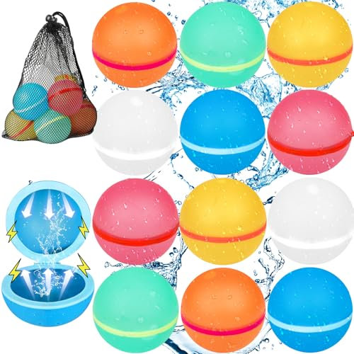 Parner 12 Stück Wasserbomben Wiederverwendbar Magnetisch mit 1 Mesh Bag, Silikon Wasserbomben Selbstschließend Wiederverwendba für Wasserspielzeug Pool Spielzeug Strandspielzeug (SQ01-12)