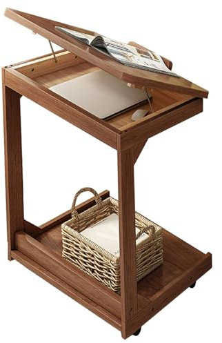 WUGCHDA C-förmiger Couchtisch, Beistelltisch mit 360° drehbaren Rädern, 45° verstellbarer neigbarer Desktop für Sofa, Laptop, Kaffee, C-Tisch für Wohnzimmer (Walnuss, 40 x 40 x 63 cm)