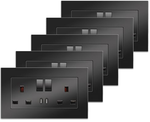 5 Pack CNBINGO Double Switched Power Socket with USB Type C, Black | 13 Amp Electrical Wall Socket with USB Charging Ports