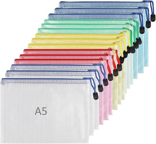 Neuytiky 15 Stück Dokumententaschen A5, Wasserdichte Bunte Document Case, Dokumententasche mit Reißverschluss, Sortierbeutel für Schule, Rechnungen, Kosmetik, Büroangestellte, Reisende