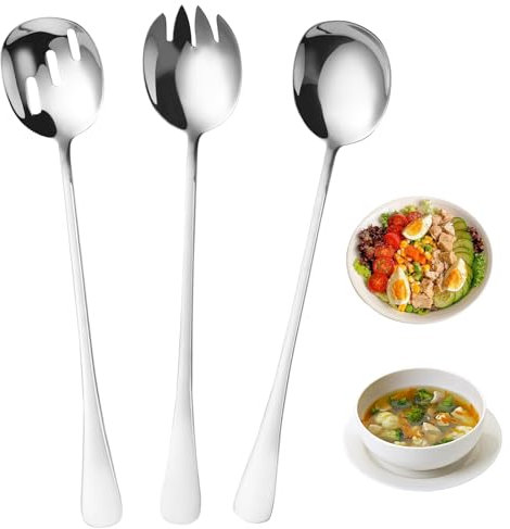 HOCUCHELAND 3 Stück Salatbesteck Edelstahl, 28cm Groß Salatbesteck Vorlegebesteck, Salatlöffel Edelstahl mit Langen Griffen, Lang Servierlöffel Set Salatgabel für Restaurant, Haus, Hotel, Picknick