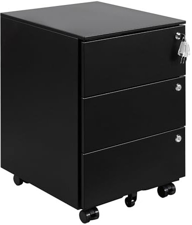 HOMSTEEL Caisson de Bureau, Meuble de Rangement Bureau, avec 3 Serrures, 4 Clés, Caisson à Tiroirs, 3 Tiroirs, Armoire Métallique, Prémonté, Noir