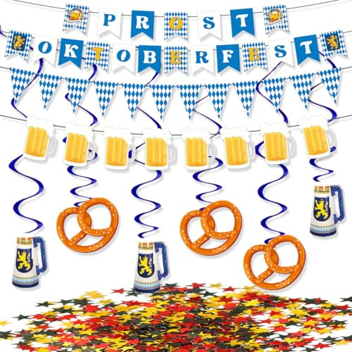 Oktoberfest-Deko Set: 4 Stück Bierzelt Fahnen + 6 Spiralgirlanden + 15g Schwarz-Gold-Rot Konfetti | Traditionelle Papier-Dekoration mit 5m Schnur (Mehrfarbig)
