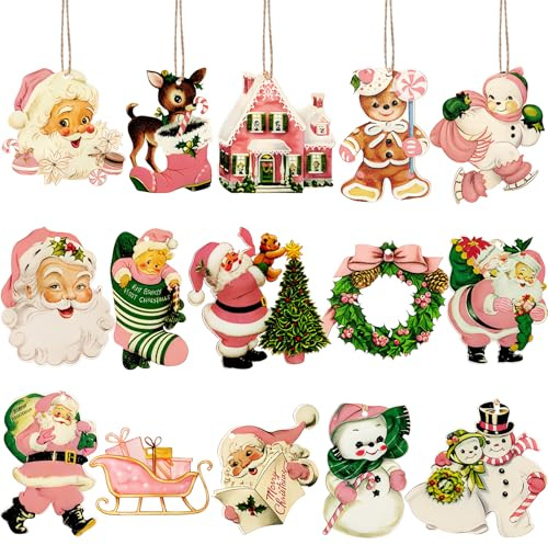 VARACL 30 ornamenti natalizi vintage in legno rosa, Babbo Natale, pupazzo di neve, omino di pan di zenzero, ornamenti da appendere all'albero di Natale, etichette in legno per albero di Natale
