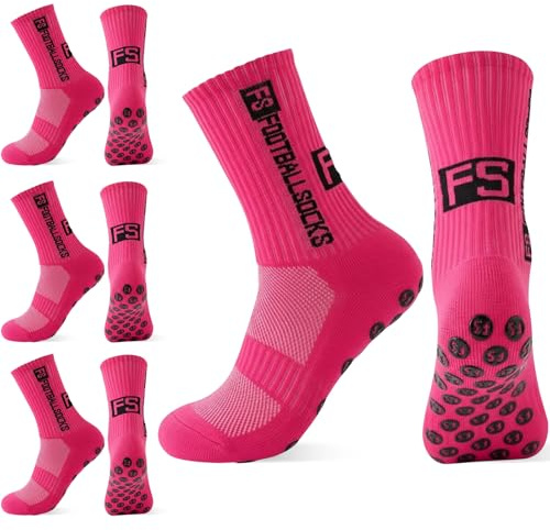 HCQC 3 Paires Chaussette Antidérapante Foot Chaussettes Antiderapantes Homme Femme, chaussette foot, EU 39-46 Chaussette Sport pour Football Basket (Fuchsia)