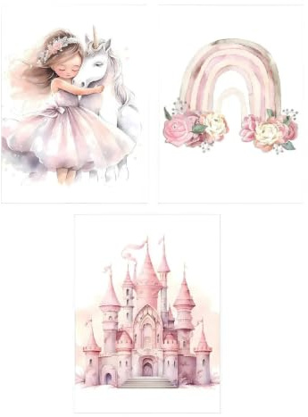Poster für Kinderzimmer, 3 Stück, 30 x 40 cm, Einhorn, Prinzessin, Regenbogen und Schloss, Rosa, Leinwand, Poster, Wanddekoration, anwendbar für Jugendzimmer, Mädchen, ohne Rahmen