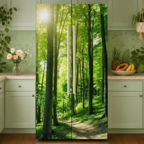 GOMAKERER 2 unidades de envoltorios de vinilo extraíbles para puerta de frigorífico con patrón de sendero de bosque, para decoración de cocina, bar, 41,5 x 200 cm