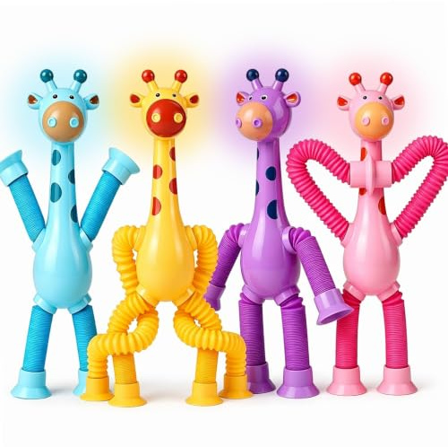 Teleskop Saugnapf Giraffe Spielzeug Baby 4er Set, Sensorik Spielzeug mit Lichtern für Autistische Kinder, Cartoon Teleskop Rohr Giraffe, Funny Educational Stress Relief für Zuhause & Kita