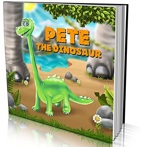 Personalized Story Book by Dinkleboo - The Dinosaur - for Kids Aged 0 to 8 Years Old -A Story About Your Child Going on an Adventure to find a new Dinosaur Friend. Soft Cover. 8x8