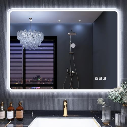 S'bagno Badspiegel Mit Beleuchtung 800x600mm, Bluetooth-Badezimmerspiegel Mit Entfoggen, 3 Farbtemperaturen, Speicherfunktion, Horizontal/Vertikal