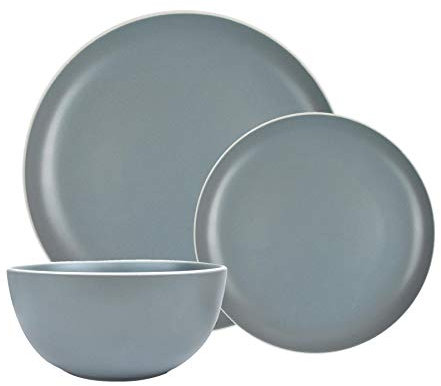 YöL 18pc Dining Set Dinner Plates Bowls Tableware Dishes Grey White Rim Stoneware