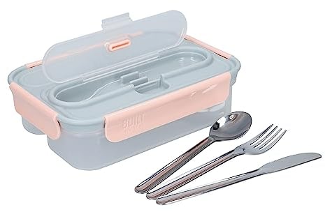 Built Bento Leakproof Lunch Box with Stainless Steel Cutlery, Plastic, Grey/Pale Pink, 23.5 x 17 x 6.5 cm