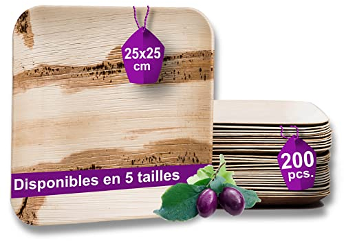 Waipur 200 Platos Desechables de Hoja de Palma Orgánicos - Cuadrado 25x25 cm - Vajilla Ecológica Elegante - Estable, Natural y Biodegradable - Bandejas de Fiesta - Estilo Madera