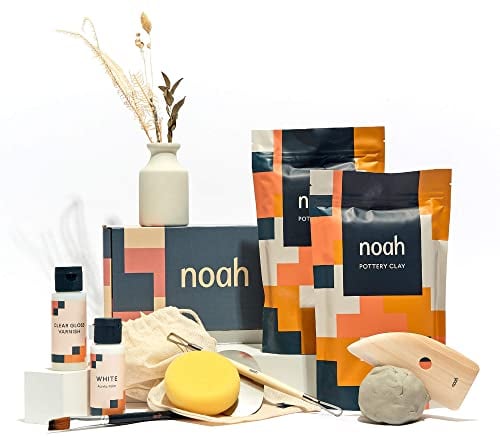 noah Pottery Kit for Beginners - Set Includes Air Dry Clay, Tool Kit and Acrylic Paints - Craft Set (White Clay/White Paint)