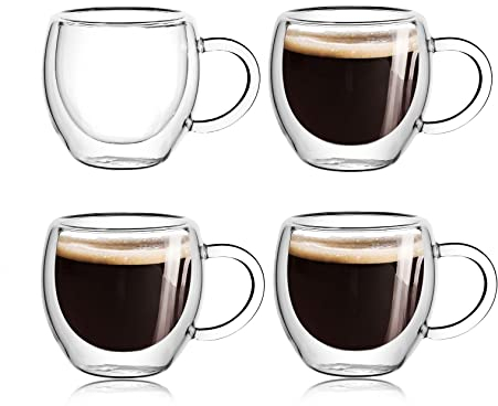 Wells 2.5oz Espresso Cups Set of 4, Borosilicate Glass, Clear, Double Wall Insulated, Modern, Reusable, Freezer Safe, 2.5 ounces Capacity, Perfect for Espresso Machine