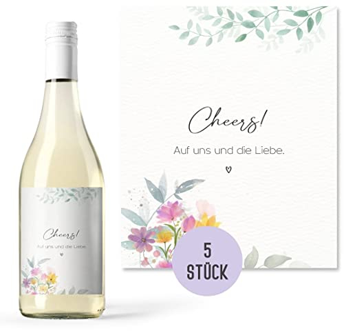 Flaschenetiketten Hochzeit (5 Stück) | Dekoration oder Geschenk zur Hochzeit und Verlobung | Aufkleber für Weinflasche, Sektflasche selbstklebend | Geschenk JGA (Wedding Edition #3 Pastell Flowers)