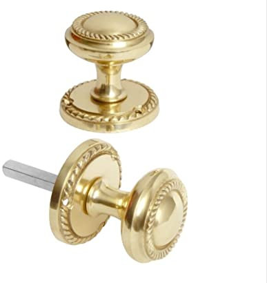 Georgian Round Design Solid Polished Brass Mortice Sprung Door Knob Set Pack Pair - Golden Grace