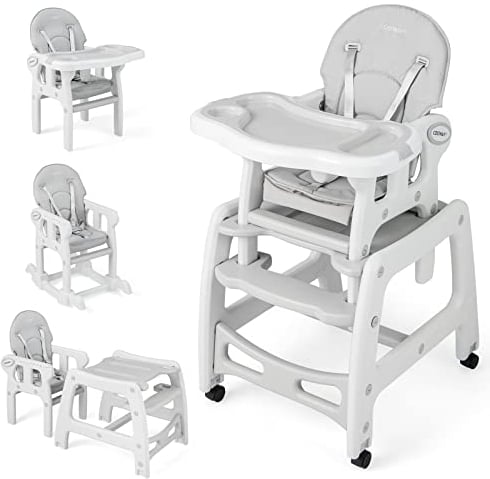 COSTWAY 3 in 1 Babystuhl, Hochstuhl & Essstuhl & Kindersitzgruppe, wandelbarer Babyhochstuhl mit 5-Punkt-Gurt, abnehmbarem Tablett & Sitzkissen & Rückenlehne, für 6-36 Monate, 20 kg belastbar (Grau)