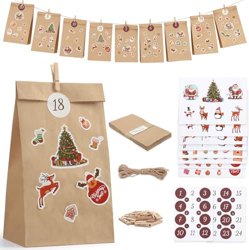 2024 Adventskalender zum Befüllen, 24 DIY Adventskalender Selber Befüllen, Adventskalender Tüten zum Befüllen, Weihnachtskalender zum Befüllen mit Aufkleber und Holzklemme für Kinder und Erwachsene