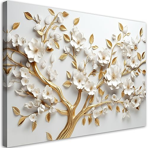 Feeby Bilder 3D Blumen Natur 120x80 cm 1 tlg Modern Leinwandbilder Bild auf Leinwand Kunstdruck Wand Bild Wanddeko Design Schlafzimmer Büro Flur Hotel Spa Wohnzimmer Pflanzen Blumenmotiv Gold