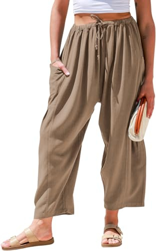 TARSE Womens Linen Pants Casual Wide Leg Loose Drawstring Low Waist Beach Palazzo Harem Pants with Pockets(Coffee,L)