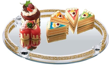 Nuscen Spiegeltablett,Schminktisch Deko,Glastablett Verspiegelte Unterseite,Crystal Tablett Spiegeltablett,Deko Silber,Anti-Rutsch-Design,Einfach zu säubern (Runden-Gold)