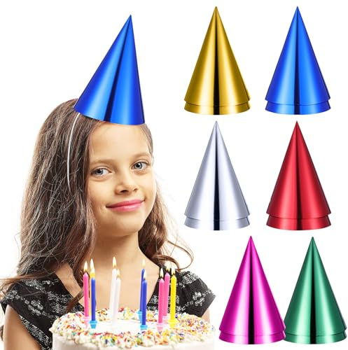 STOBOK Aluminum Foil Party Hats Birthday Colorful Cone Hats for Kids Adults New Year Cones with Elastic String Christmas Photo Props (12pcs)