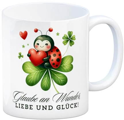 Marienkäfer Kaffeebecher mit Spruch Glaube an Wunder, Liebe und Glück! Perfekte Tasse für Glaube an Wunder mit süßem Marienkäfer rotem Herz und Kleeblatt