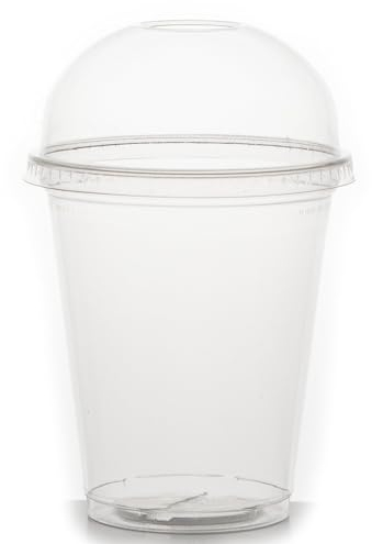 Commerline 50 Stück 400 ml Smoothiebecher inkl. Domdeckel mit Schlitz, Smoothie Plastikbecher to go, Trinkbecher + Domdeckel mit Öffnung, Dessertbecher, Bubble tea becher, Kunststoffbecher