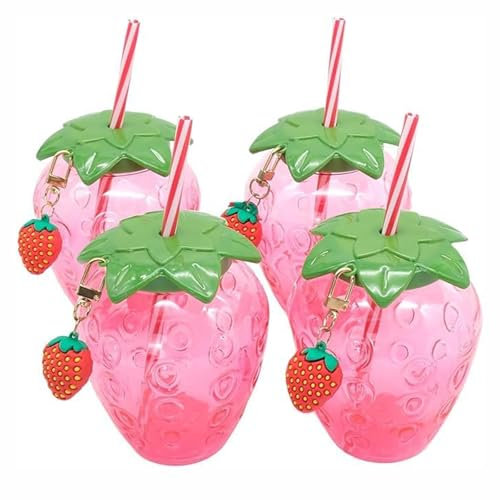 LSRVNM 4 Pièces 500ml Gobelets en Plastique, Avec Couvercle de Paille et Pendentif Fraise, Réutilisable Tasse à Boisson Mignonne, Pour Piscine Fournitures de Fête Tropicale