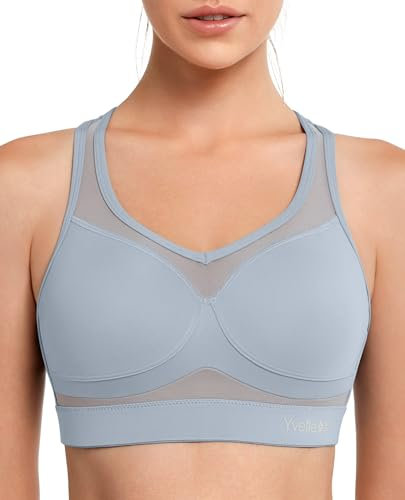 Yvette Sport BH Starker Halt Mesh Ringerrücken Große Brüste Ohne Bügel Gepolstert für Fitness Lauf Yoga,XL Große Größen,Grau