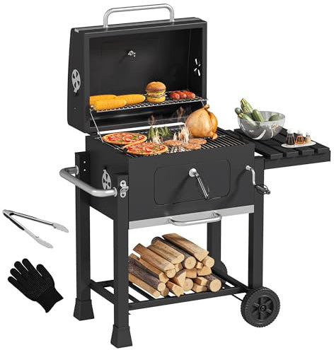 YITAHOME XL Grillwagen Smoker Holzkohlegrill mit Gusseisenrost & Emaille-Pfanne - Mobiler BBQ Grill für Garten, Camping, Outdoor - Inkl. Thermometer, Küchenzange, Grillhandschuh, Robustes Design