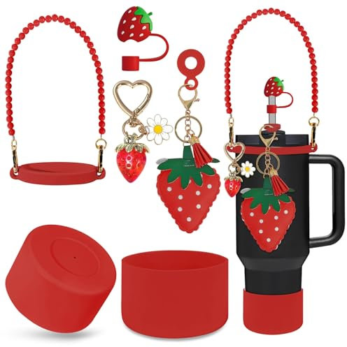 VirgoCCY 7PCS Strawberry Stanley Cup Accessories, Water Bottle Handle Strap for Stanley 30/40 oz, Including Straw Toppers, Silicone Cup Boot, Keychain Charms, Cup Decoration for Women Girls, Red