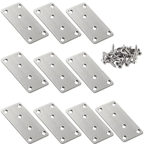 Anhoer 10Pcs Stainless Steel Flat Brackets for Wood, Heavy Duty Mending Plates, Perforated Straight Joining Plates for Furniture Repair & Timber Connection, Durable Metal Brace Fixings