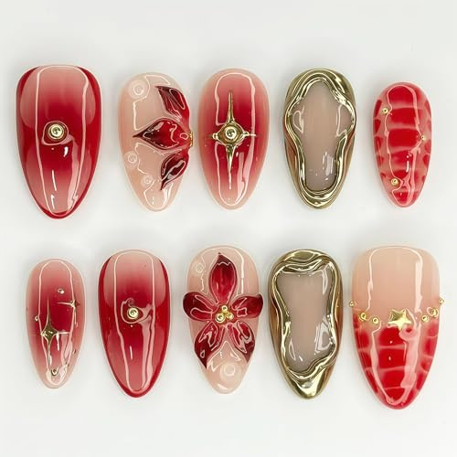 Zosutetoxo 24 Stück Mandelförmige Press On Nails mit 3D Blumen Perlen Design French False Nails Rote Blumendekoration Vollcover künstliche Nägel