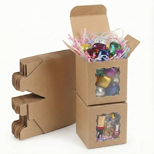 STRBOXONG Set di 35 Scatole Regalo Kraft con Finestra Trasparente Sagomata, 10x8x10cm, Cartone 350gsm Robusto, Scatoline per Bomboniere Matrimonio, Battesimo, Compleanno e Confezioni Regalo Natale