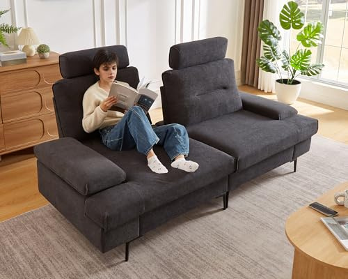 LUXOAK 220 cm großes Sofa, 3-Sitzer-Sofa & Wolken-Couch – voll verstellbare Couch mit Kopfstütze, Armlehnen und Sitztiefe (53–84 cm), ideal für Wohnzimmer und kleine Räume, Grauer Frotteestoff